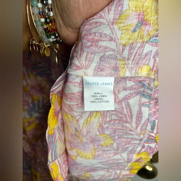 draper james Square Neck Button Boho Linen Floral Pink Womens Mini Dress Size 12 - Picture 5 of 10